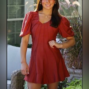 TCEC Rust Puff Sleeve Fit & Flare Mini Dress